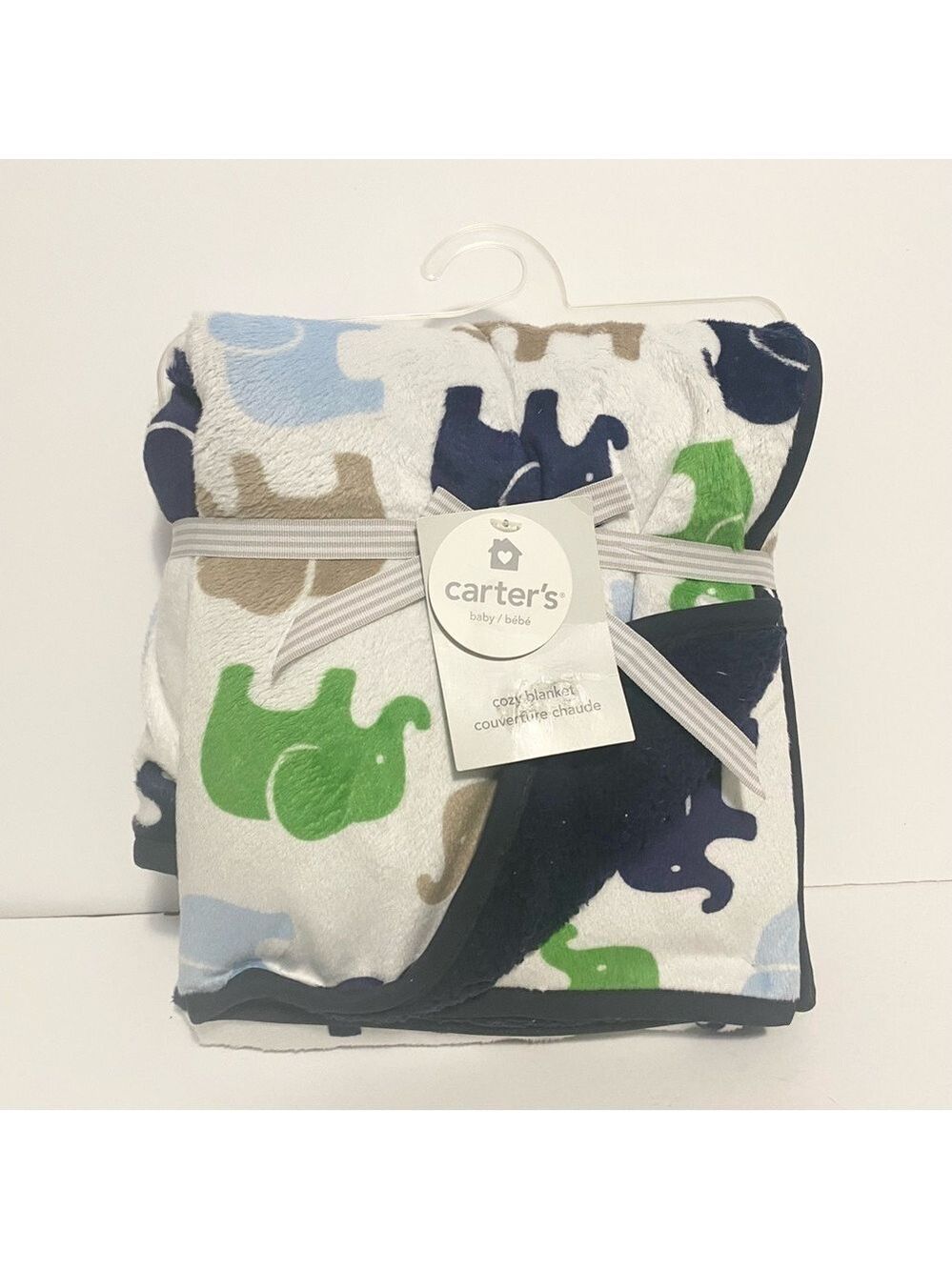 Carters Navy White Green Elephant Baby Blanket Infant Boys Sherpa Minky Lovey